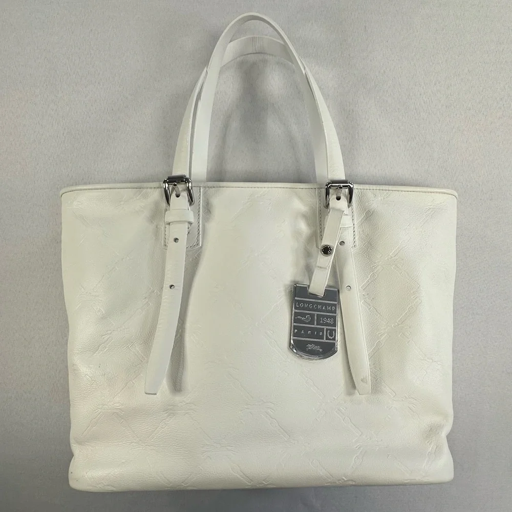 Longchamp • LM Cuir Embossed Logo Metal Luggage Tag White Double Shoulder RARE - Picture 1 of 14
